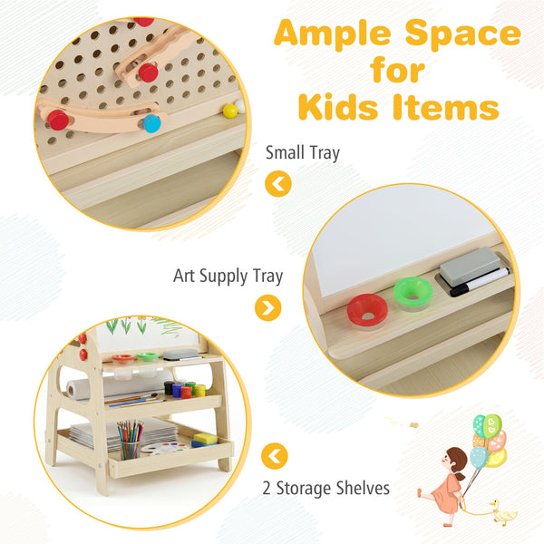 2-in-1 Kids Art Easel with Magnetic Whiteboard and Marble Run Game-Natural