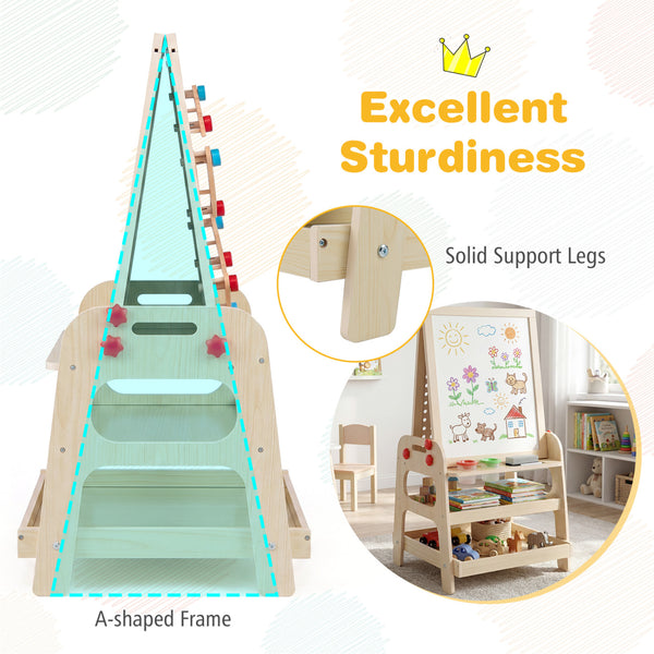 2-in-1 Kids Art Easel with Magnetic Whiteboard and Marble Run Game-Natural