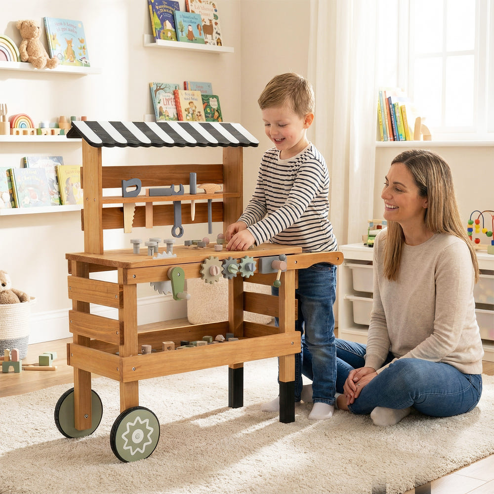 2-in-1 Kids Rolling Cart with Play Tools Set for Construction Play