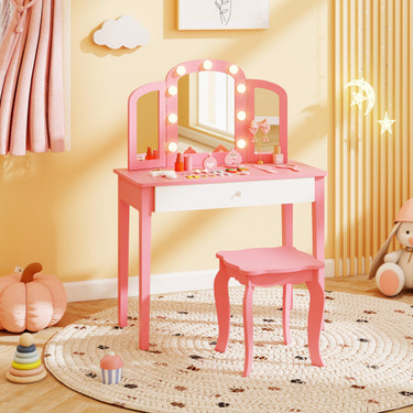 2-in-1 Kids Vanity Table Set with Tri-Folding Mirror and Lights in Pink for imaginative play and grooming fun.