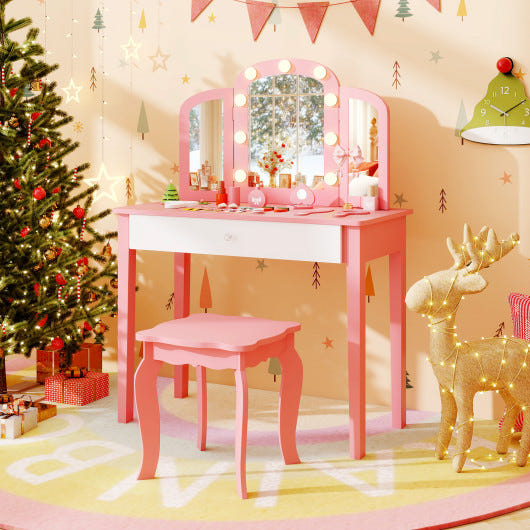 2-in-1 Kids Vanity Table Set with Tri-Folding Mirror and Lights in Pink for imaginative play and grooming fun.