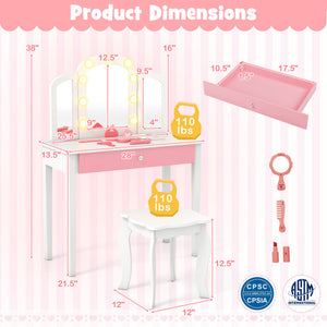 2-in-1 Kids Vanity Table Set with Tri-Folding Detachable Mirror and Lights-White