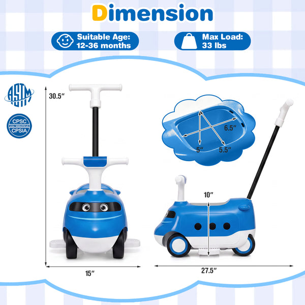 2-in-1 Ride On Push Car for Toddlers 1-3 Years Old with Horn