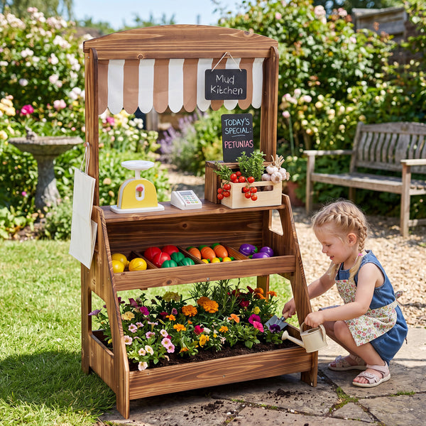 2-in-1 Wooden Mud Kitchen and Market Stand for Kids Outdoor with Planter Box and 2 Chalkboards