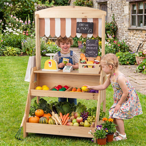 2-in-1 Wooden Mud Kitchen and Market Stand for Kids Outdoor with Planter Box and 2 Chalkboards