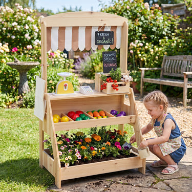 2-in-1 Wooden Mud Kitchen and Market Stand for Kids Outdoor with Planter Box and 2 Chalkboards