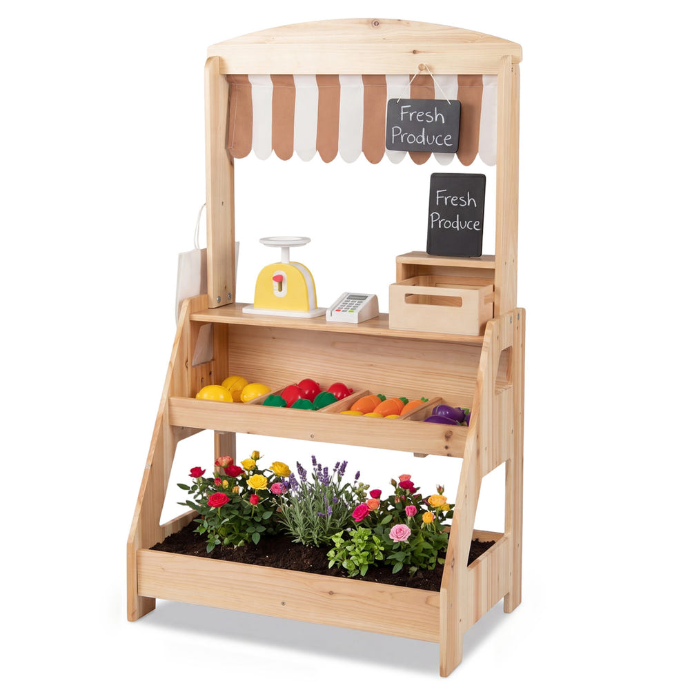2-in-1 Wooden Mud Kitchen and Market Stand for Kids Outdoor with Planter Box and 2 Chalkboards