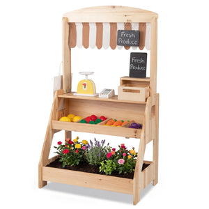 2-in-1 Wooden Mud Kitchen and Market Stand for Kids Outdoor with Planter Box and 2 Chalkboards