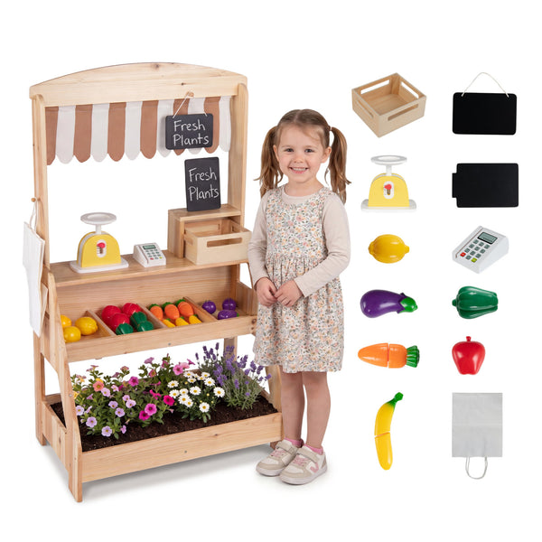 2-in-1 Wooden Mud Kitchen and Market Stand for Kids Outdoor with Planter Box and 2 Chalkboards