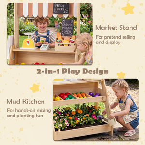 2-in-1 Wooden Mud Kitchen and Market Stand for Kids Outdoor with Planter Box and 2 Chalkboards