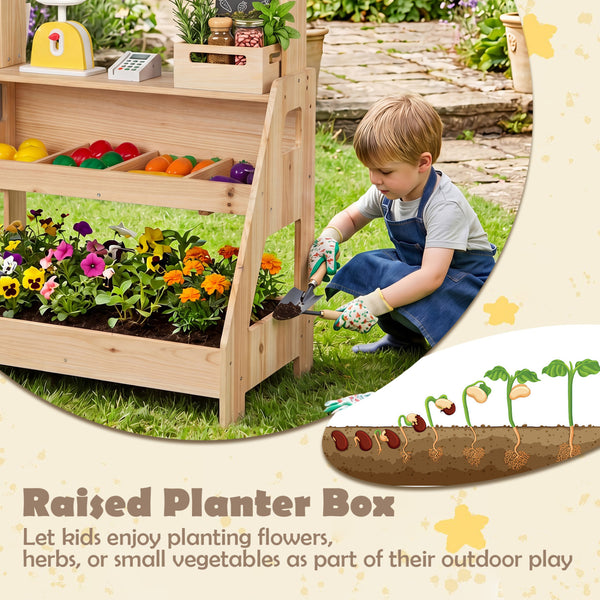 2-in-1 Wooden Mud Kitchen and Market Stand for Kids Outdoor with Planter Box and 2 Chalkboards