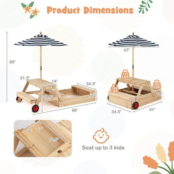 2-in-1 Wooden Sandbox with Foldable Umbrella and Convertible Picnic Table-Blue