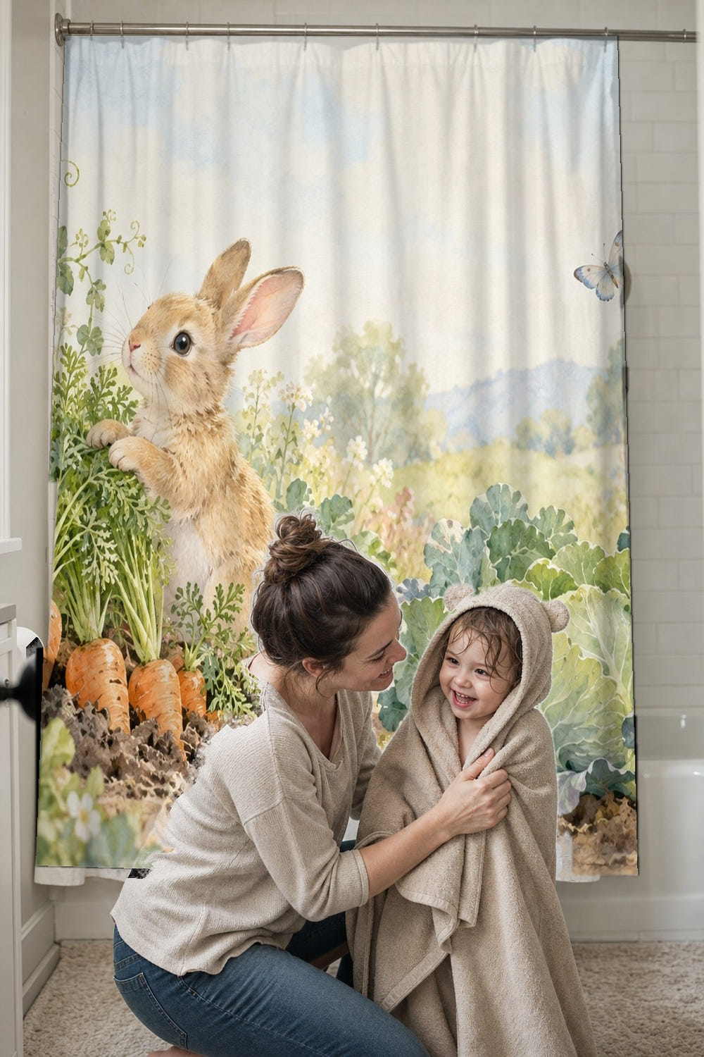 Vegetable Garden Bunny shower curtain, full front view of the 71 x 74 in fabric curtain