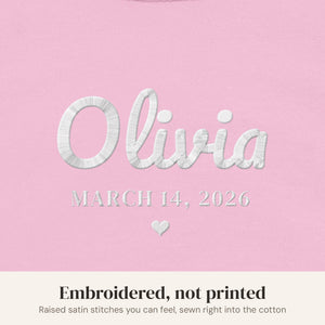 Embroidery close-up, pink bodysuit with white thread