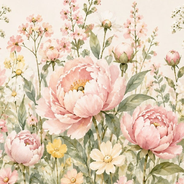 Peony Garden kids rug, close up of the watercolor artwork
