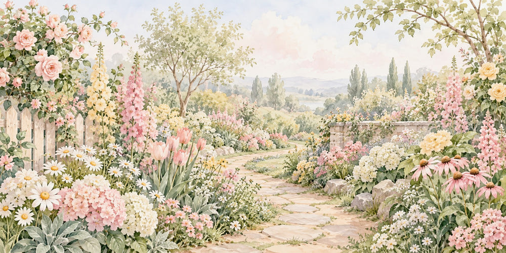 Watercolor Cottage Garden Path Wall Mural, image 1