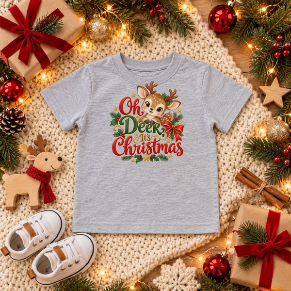 Oh Deer, It's Christmas toddler t-shirt in heather grey, Christmas flat lay