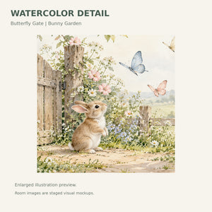 Watercolor Butterfly Gate Bunny Wall Mural, image 4