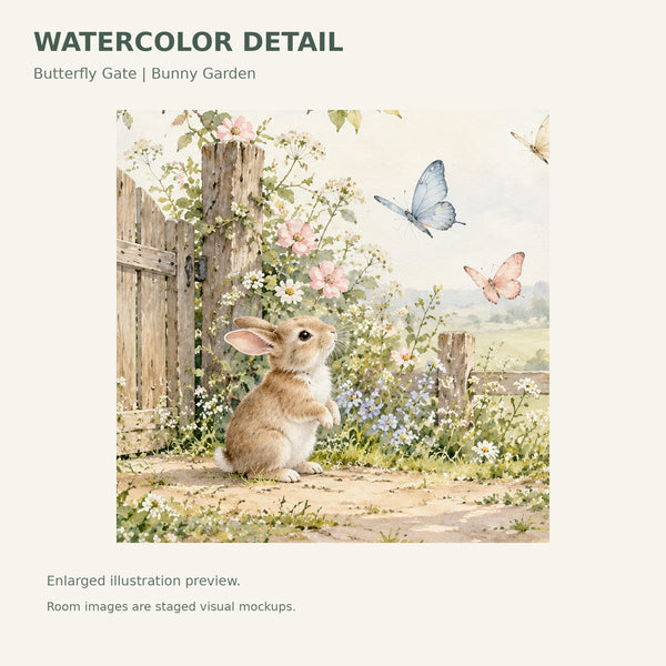 Watercolor Butterfly Gate Bunny Wall Mural, image 4