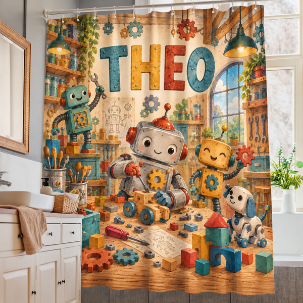 Robot Workshop personalized kids shower curtain over a bathtub
