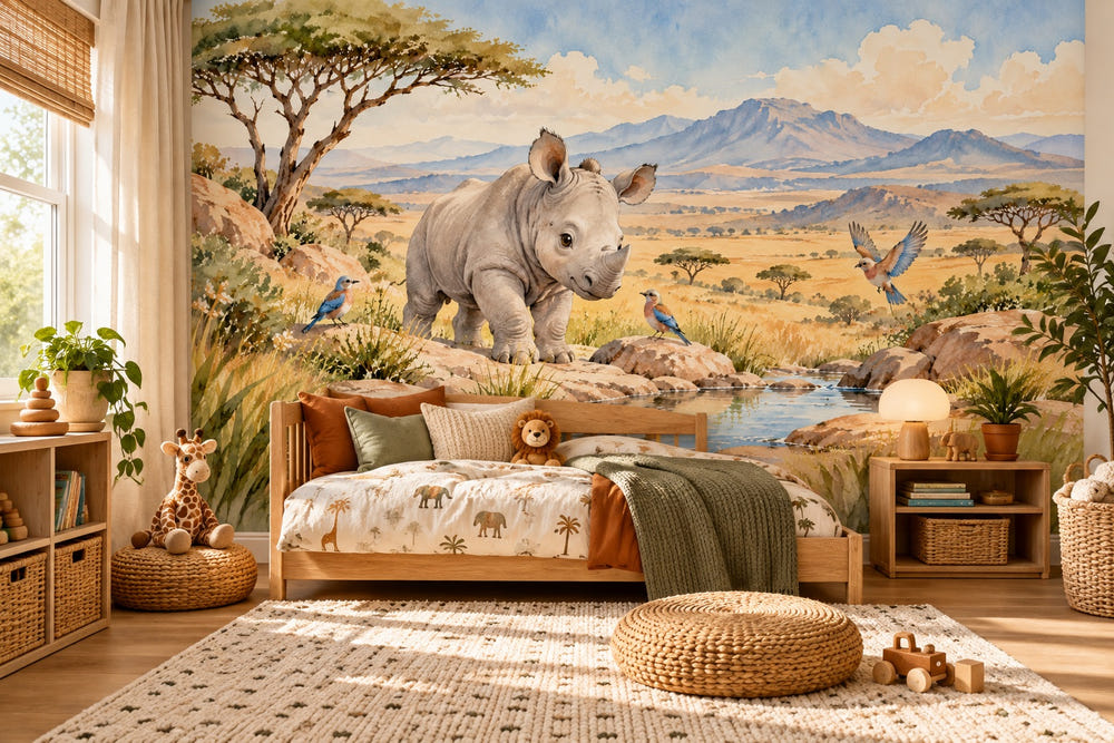 Watercolor Baby Rhino Safari Wall Mural, image 1