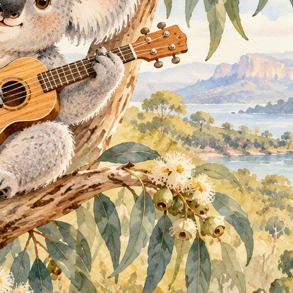 Koala Ukulele shower curtain, close up of the watercolor artwork