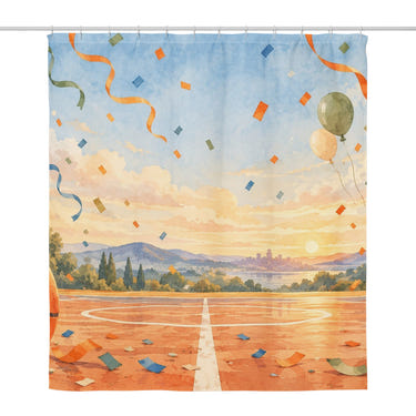 Basketball Celebration shower curtain, full front view of the 71 x 74 in fabric curtain