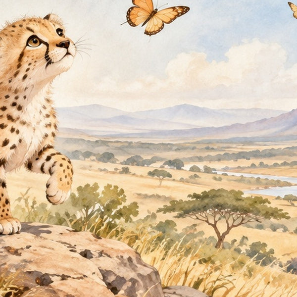 Cheetah Cub Safari shower curtain, close up of the watercolor artwork