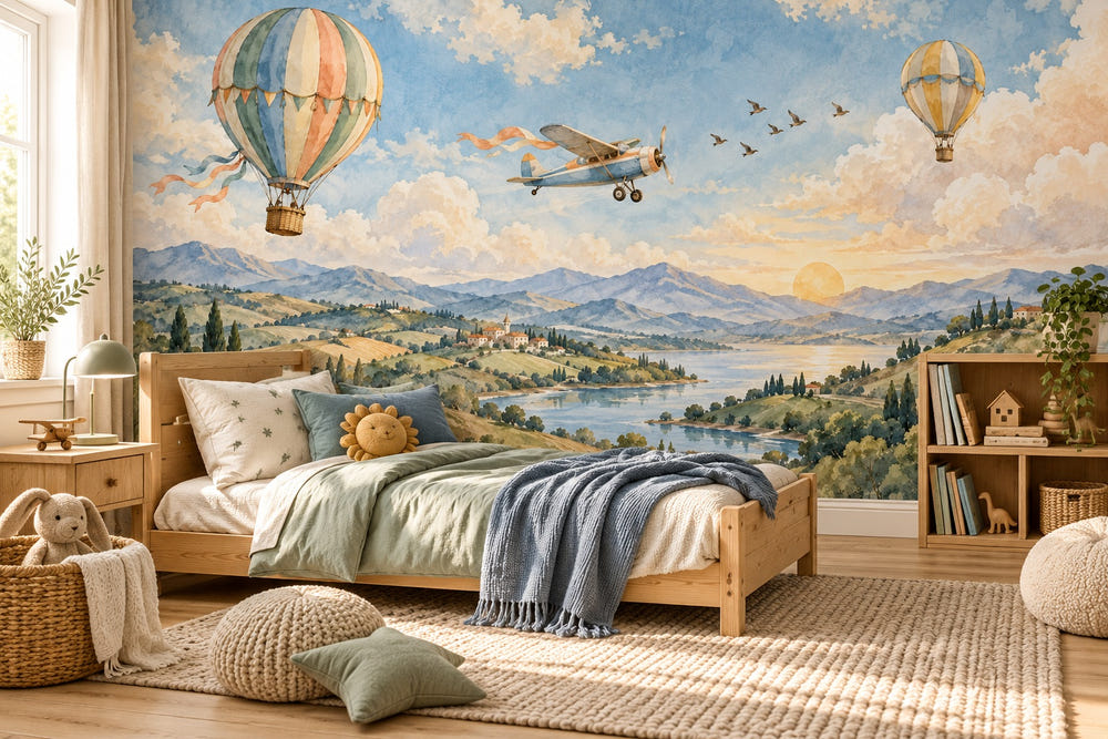 Watercolor Balloon and Plane Wall Mural, image 1
