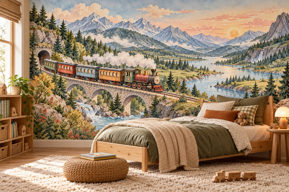 Watercolor Panoramic Train Journey Wall Mural, image 1