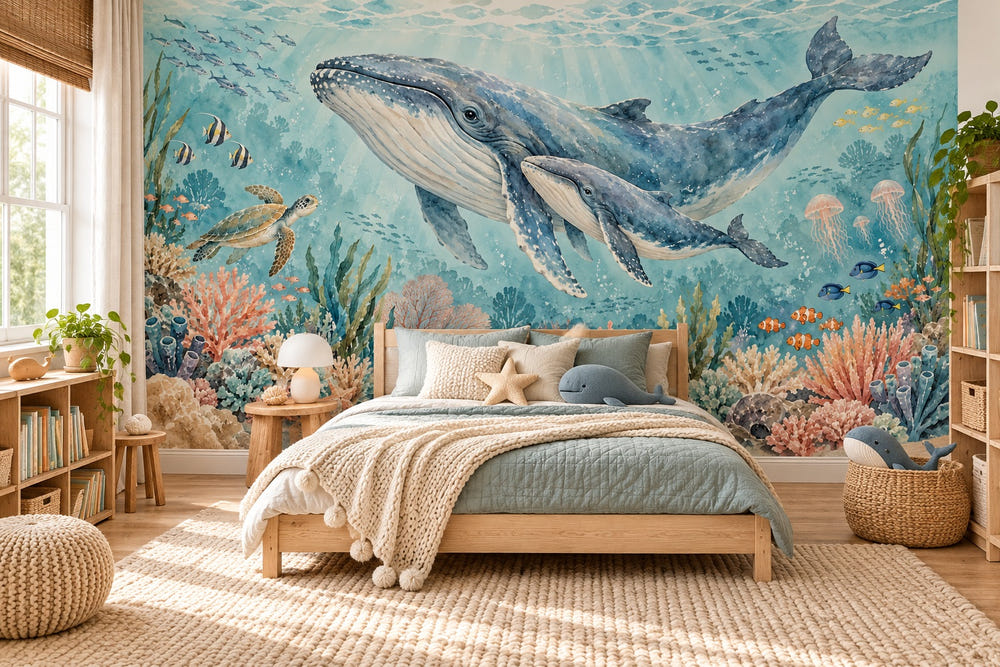 Watercolor Whale Family Ocean Wall Mural, image 1