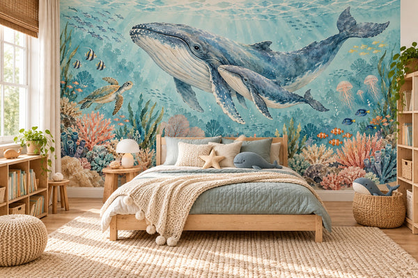 Watercolor Whale Family Ocean Wall Mural, image 2