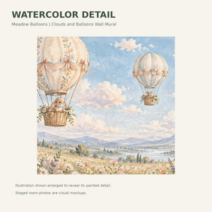 Watercolor Meadow Hot Air Balloons Wall Mural, image 4