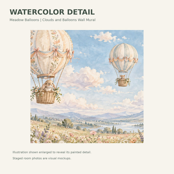 Watercolor Meadow Hot Air Balloons Wall Mural, image 4