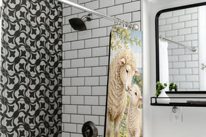 Lamb Meadow Farm shower curtain in a modern farmhouse bathroom with subway tile
