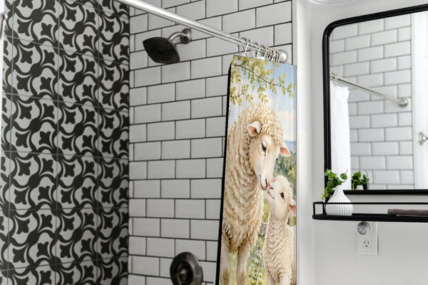Lamb Meadow Farm shower curtain in a modern farmhouse bathroom with subway tile