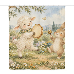 Lamb and Bunny Music shower curtain, full front view of the 71 x 74 in fabric curtain