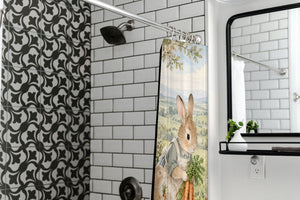 Bunny Garden Farm shower curtain in a modern farmhouse bathroom with subway tile