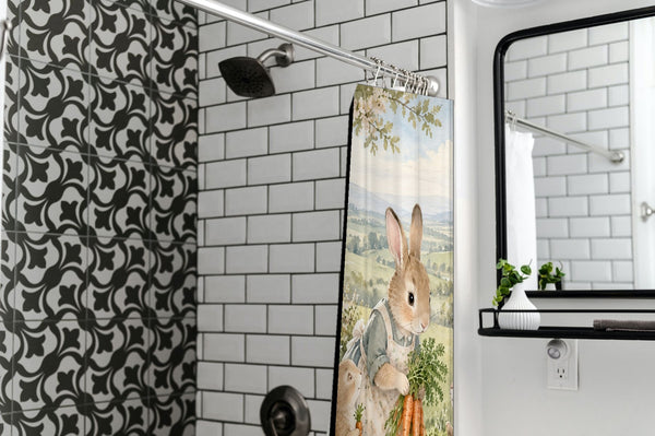 Bunny Garden Farm shower curtain in a modern farmhouse bathroom with subway tile