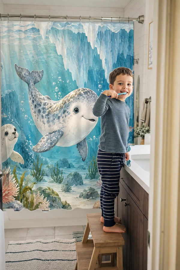 Child brushing teeth in a family bathroom with the Baby Narwhal Ocean shower curtain