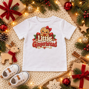 Little Gingerbread toddler t-shirt in white, Christmas flat lay