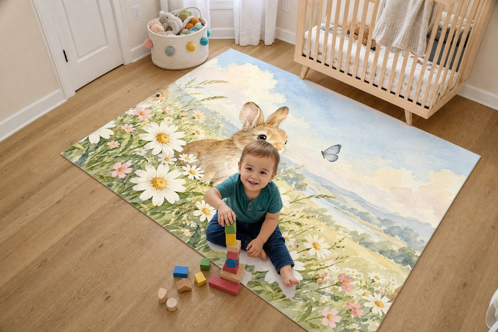 Daisy Meadow Bunny kids rug, full view of the printed design