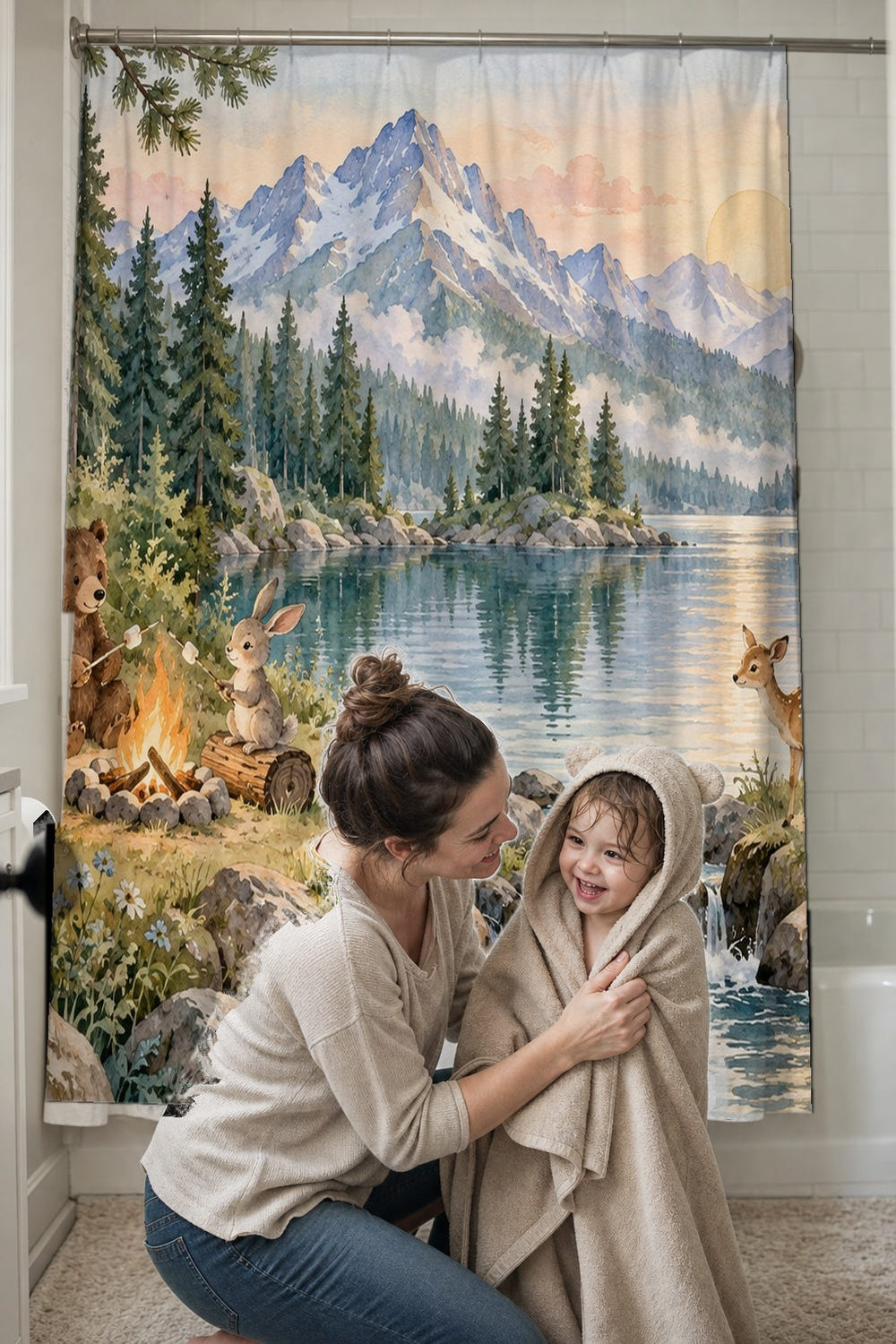 Woodland Adventure Camping shower curtain, full front view of the 71 x 74 in fabric curtain