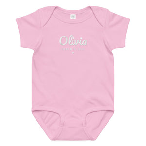 Embroidered baby name bodysuit, pink bodysuit with white thread