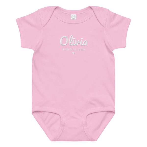 Embroidered baby name bodysuit, pink bodysuit with white thread