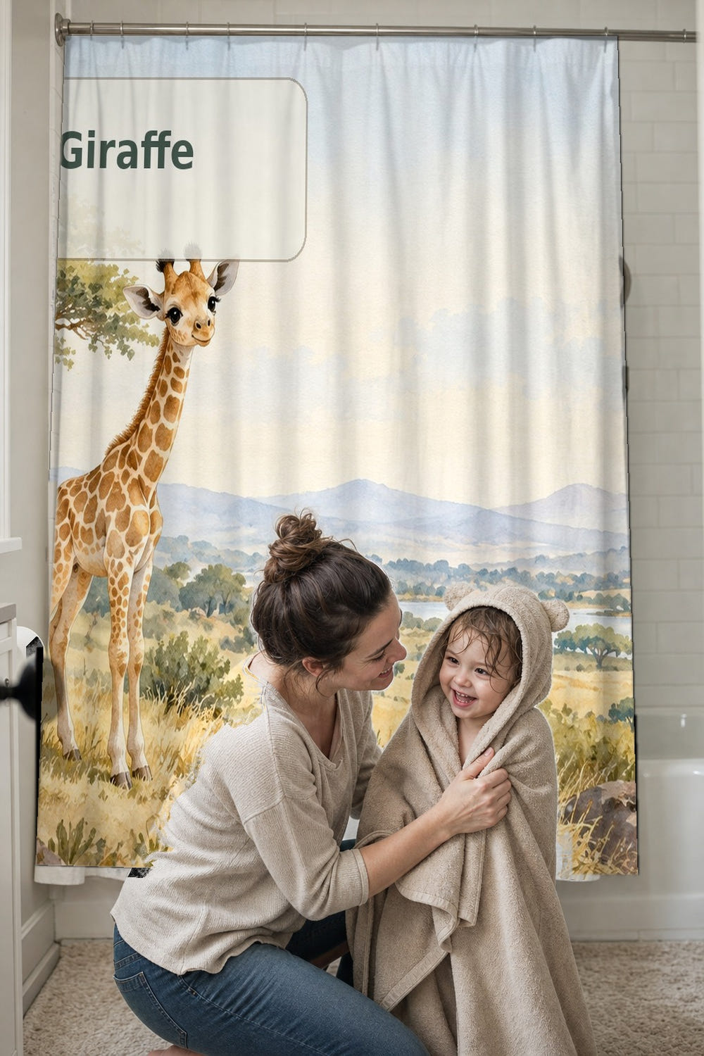 G is for Giraffe Alphabet shower curtain, full front view of the 71 x 74 in fabric curtain