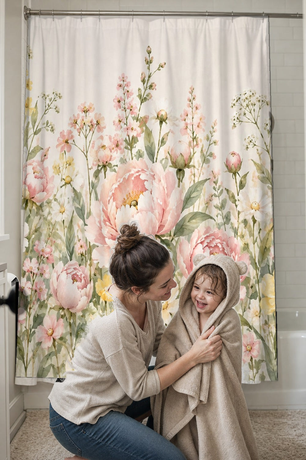 Peony Garden shower curtain, full front view of the 71 x 74 in fabric curtain