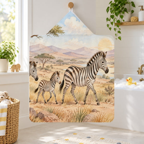 Zebra Family Safari kids hooded bath towel hanging in a kids bathroom