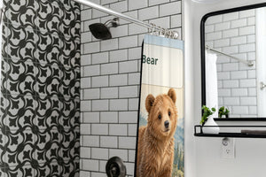 B is for Bear Alphabet shower curtain in a modern farmhouse bathroom with subway tile