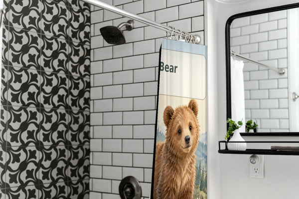 B is for Bear Alphabet shower curtain in a modern farmhouse bathroom with subway tile
